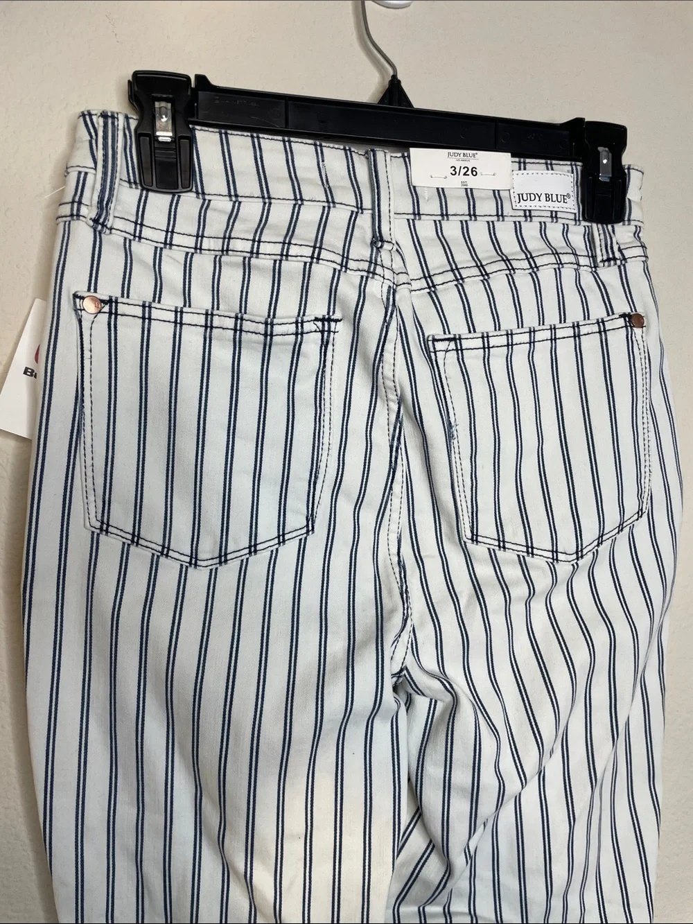 Judy Blue | High Rise Navy Pinstripe Flare Jeans Raw Hem Boho Western Size 26